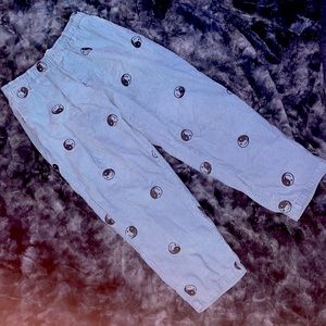 blue cords, ying/yang smiley face pants